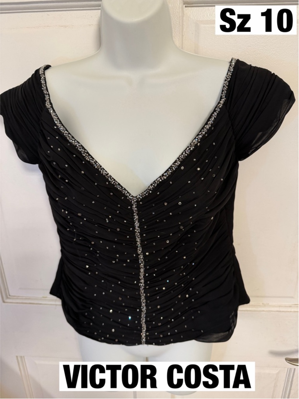 Victor Costa Black V-Neck Rhinestone Ruched Blouse